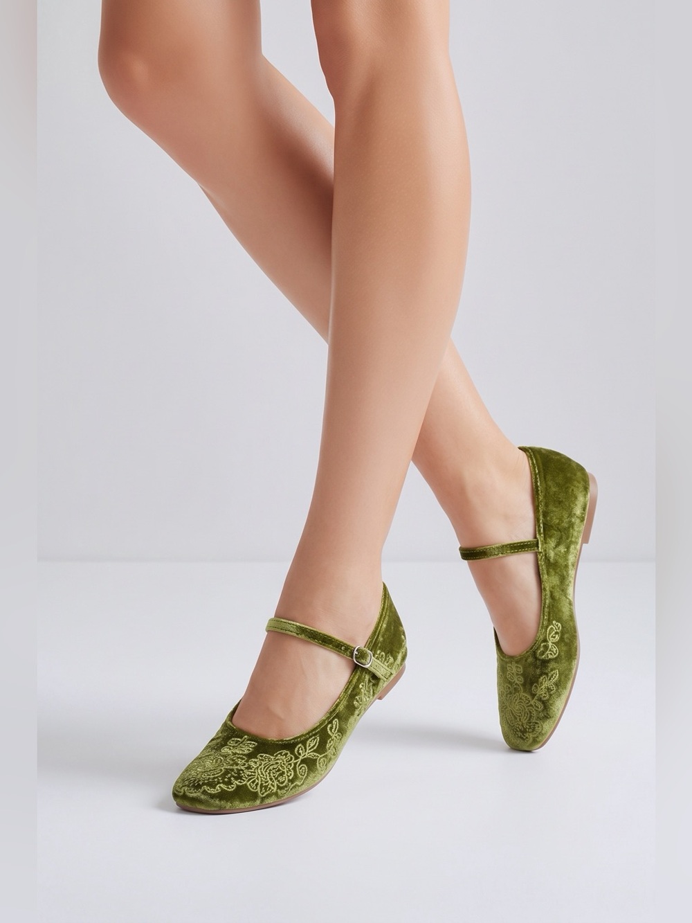 Olive Green Velvet Mary Jane Flats w/Floral Embroidery & Buckle 8